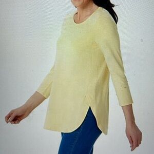 Susan Graver Weekend Essentials Regular 3/4 Sleeve Cotton Tunic Iced Lemon M New
